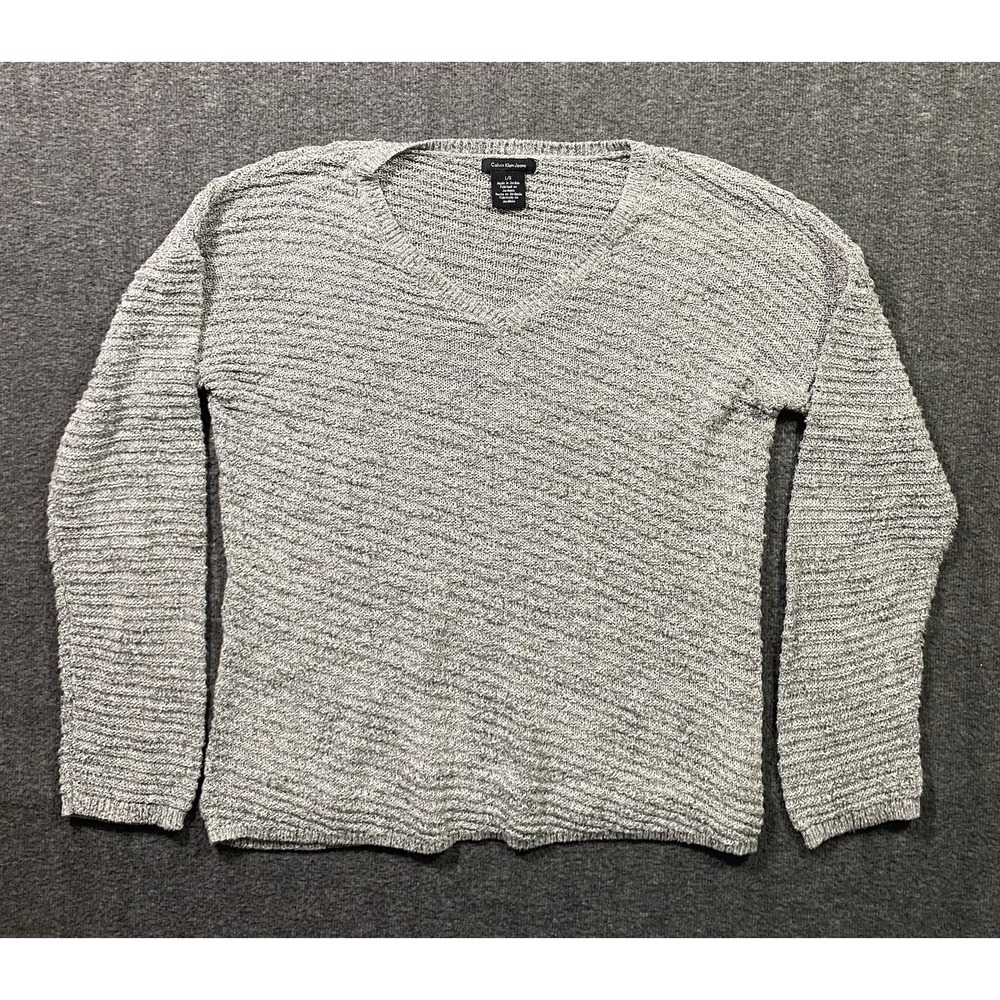 Calvin Klein Jeans Gray Marled Textured Knit V-Neck Sweater Womens Size L